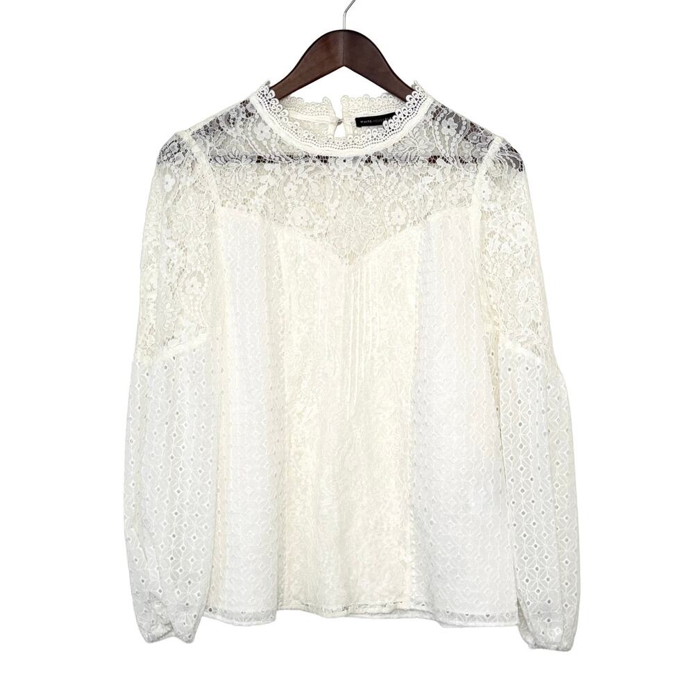WHBM Lace Blouse Women 4 Ivory Victorian Romantic Coquette Prairie Sheer